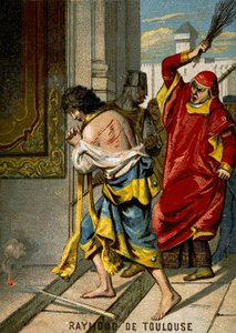 22/06/1209. Raimundo VI, conde de Toulouse, excomulgado por el Papa Inocencio III por no perseguir a los cátaros, acusado de ser el instigador del asesinato de Pierre de Castelnau, hace enmienda honorable y es flagelado en público en Saint Gilles. Cromolit de French School