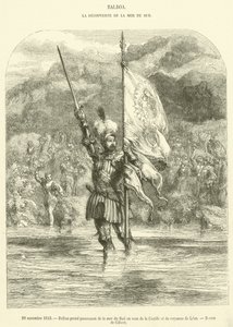 29 de noviembre de 1513, Balboa toma posesión del mar del Sur en nombre de Castilla y del reino de León (grabado) de French School