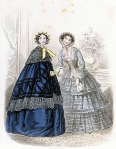 2 mujeres a la moda: en atuendo - en "Journal des Demoiselles" 1852 (grabado) de French School
