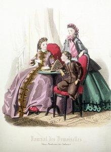 2 mujeres y un niño: Moda - en “Magazine des damoiselles”, diciembre de 1864 de French School
