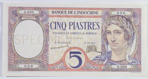 Billete de 5 piastras, del banco de Indochina de French School
