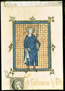 Rey San Luis llevando el Cetro y la Mano de la Justicia, del Registro de Ordenanzas del Hotel del Rey, c.1320 de French School