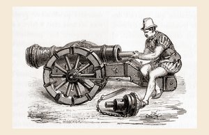 Un cañón alemán de carga por la recámara del siglo XVI, de Les Merveilles de la Science, publicado c.1870 de French School