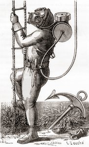 Un buzo de aguas profundas del siglo XIX con traje de buceo recubierto de goma con casco y regulador de tanque, de 