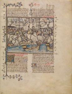 Una batalla de la guerra de Troya, c.1390-1400 (temple, lavados y pan de oro sobre pergamino)
