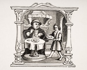 Un burgués comiendo su comida, después de una ilustración en un manuscrito del siglo XVI, de Le Moyen Age et La Renaissance de Paul Lacroix (1806-84) publicado en 1847 de French School