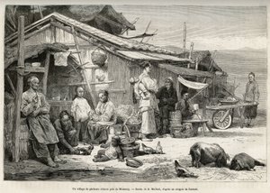 Un pueblo pesquero chino cerca de Monterey, California, testimonio de la importante comunidad china establecida en la costa del Pacífico de los Estados Unidos. Grabado después del dibujo de D. Maillard, para ilustrar la historia La conquista blanca, por Wi