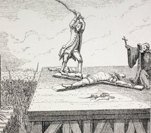 Un criminal condenado a muerte siendo quebrado en una cruz de San Andrés en el siglo XVIII en Francia, 1875