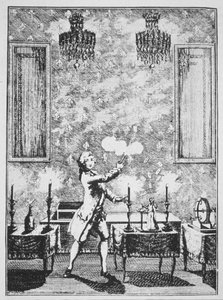 Una demostración de magia de La magie Blanche devoilee por Decremps, 1659, ilustrado en una Historia de la Magia, publicado a finales del siglo XIX de French School