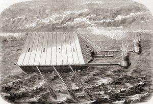 Un barco de fuego griego, según un dibujo en un manuscrito latino del siglo XIII, de Les Merveilles de la Science, publicado c.1870 (grabado) de French School