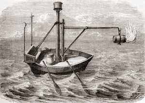 Un barco de fuego griego, según un dibujo en un manuscrito latino del siglo XIII, de Les Merveilles de la Science, publicado c.1870 de French School