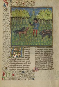 Un cazador entrenando perros para responder al llamado de un cuerno, c.1430-40
