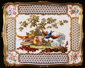 Una bandeja de Sèvres Luis XV decorada con tres pájaros exóticos en un paisaje, formando la parte superior de una mesa de café, 1761 de French School
