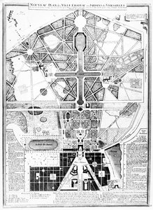 Un nuevo plano de la ciudad, el castillo y los jardines de Versalles, 1714 de French School