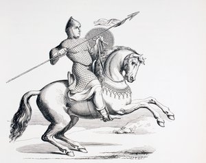 Un caballero normando vestido con cota de malla y casco llevando lanza y escudo de French School