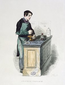 Un Estudiante de Farmacia preparando medicina, ilustración de Les Francais peints par eux-memes, Editions L. Curmer, 1841 de French School