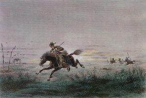 Un cartero del Pony Express estadounidense siendo atacado por nativos americanos