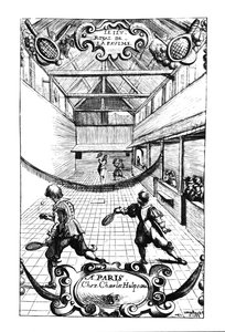 Un juego real de tenis en el Jeu de Paume, Versalles, publicado por Charles Hulpeau de French School