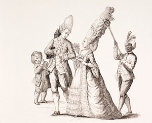 Una sátira sobre los peinados extremos de las mujeres en el París del siglo XVIII, 1875 de French School