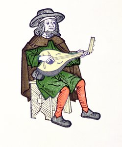 Un Trovador tocando laúd, del chantefable Aucassin et Nicolette, principios del siglo XIII de French School