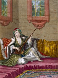 Una chica turca tocando el Tehegour, c.1708 de French School