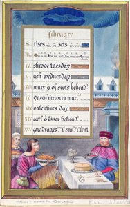 Hoja de calendario victoriano para febrero con una ilustración del Libro de Horas de Ana de Bretaña (1488-1514)