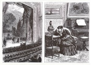 Una mujer escuchando una ópera en su propia casa mediante el teléfono Ader-Bell y el arreglo de Ader para la transmisión de música, de Les Nouvelles Conquetes de la Science por Louis Figuier de French School