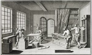 Taller de un encuadernador, de la Encyclopedie des Sciences et Metiers de Denis Diderot (1713-84) publicada c.1770 de French School