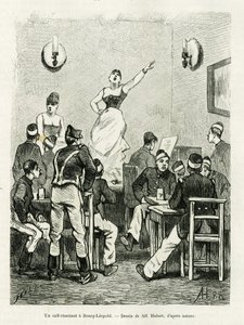 Un café cantante en Bourg Leopold. Grabado por A.Hubert para ilustrar la historia La Belgique, por Camille Lemonnier, en le tour du monde 1886, dirigido por Edouard Charton (1807-1890), Hachette, París de French School