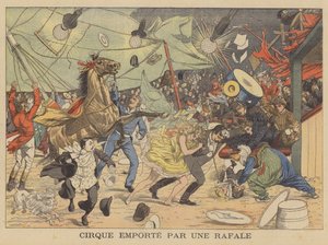 Una carpa de circo arrastrada por una ráfaga de viento (litografía en color) de French School