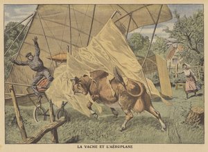 Una vaca atacando un avión en el Medio Oeste americano de French School