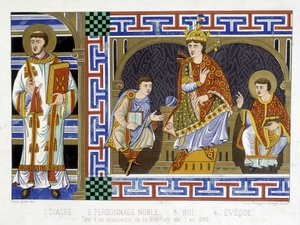 Un diácono, un personaje noble, un rey y un eveque que ilustran a la gente del siglo X; Ilustración del siglo XIX extraída de "Francia en el siglo X". de French School