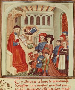 Una familia frente a un financiero, miniatura de Ética, Política, la Economía de Aristóteles, Francia de French School