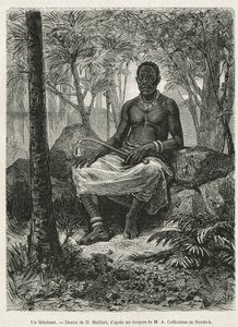 Un feticheur, hechicero capaz de utilizar la fuerza mágica de los fetiches, dibujo de D.Maillart, para ilustrar el relato de un viaje a Gabón y al río Ogoue, en 1875-1877, de Alfred Marche. Grabado en Le tour du monde de French School