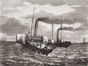 Primer intento en 1850 de la Anglo-French Telegraph Company de John Watkins Brett de tender la primera línea bajo el Canal de la Mancha, de Dover a Calais, utilizando los remolcadores transformados Goliath y Widgeon, de Les Merveilles de la Science, public