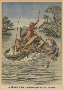 Un pescador cayendo sobre un cocodrilo después de que volcara su bote