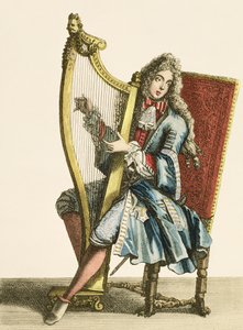 Un caballero tocando el arpa de French School