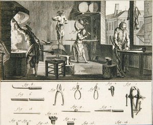 Taller y herramientas de un fabricante de cuernos, de la 