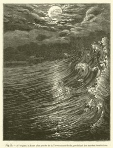 En el origen, la Luna más cerca de la Tierra aún fluida, producía mareas formidables de French School