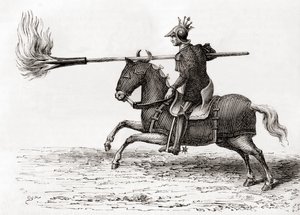 Un caballero medieval portando una lanza de fuego, o lanza de fuego, una de las primeras armas de pólvora en el mundo, de Les Merveilles de la Science, publicado c.1870 (grabado) de French School