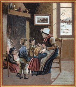 Una madre cuenta historias a sus hijos junto al fuego. Portada del libro “Les contes du foyer pour les petits”. Grabado anónimo del siglo XIX.