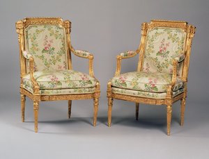 Un par de sillones de un conjunto de muebles Luis XVI, estampados por Delaisement, c.1780 de French School
