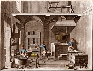 Una fábrica de papel - Papelería: Collage - "La Gran Enciclopedia, o Diccionario Razonado de las Ciencias, las Artes y los Oficios" de Denis Diderot (1713-1784) y Jean d