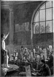Una sesión de pose en un taller de artista en París. Grabado en el ilustre diario 