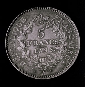 Una libra de veinte sueldos, equivalente al primer franco de la Primera República (anverso) de French School