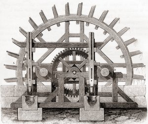 Un molino de pólvora y su rueda hidráulica, según un dibujo del siglo XIX, de Les Merveilles de la Science, publicado c.1870 de French School