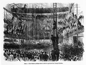 Una reunión pública en el gimnasio de los Campos Elíseos en París - en “La Presse illustrée” n°104, 30/10/1869, col. Selva. de French School