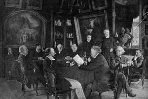 Una lectura en la Comédie-Française: Alexandre Dumas hijo leyendo una de sus comedias ante el comité. de French School