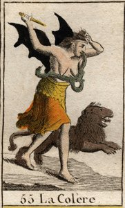 Representación de la Ira vestida con harapos, sostiene un cuchillo y se arranca el cabello. De “Mitología de la juventud” por Pierre Blanchard 1803. de French School