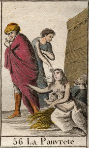 Representación de la Pobreza, descalza y vestida con harapos, sentada sobre paja. De “Mitología de la Juventud” por Pierre Blanchard 1803. de French School